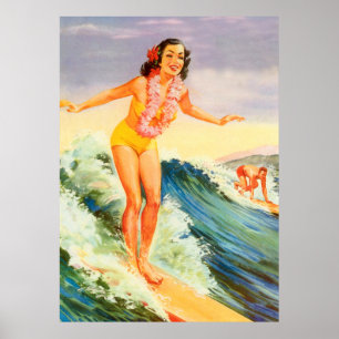 Affiche Hawaii, fille surfeuse hawaïenne sur une grosse va