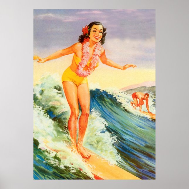 Affiche Hawaii, fille surfeuse hawaïenne sur une grosse va (Devant)