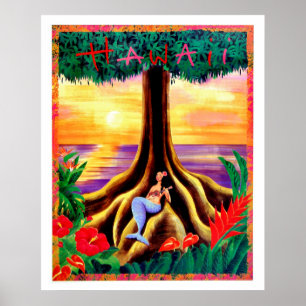 Affiche Hawaii, île tropicale, sirène sous un grand arbre