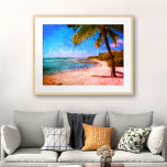 Affiche Hawaii Palm Tree Vintage Look Photo Temps Plage<br><div class="desc">"A l'heure de la plage." Revenez à la mémoire de plages tropicales et paresseuses chaque fois que vous regardez cette rétro de vacances à Hawaii, vintage affiche d'un palmier solitaire sur une plage de sable, croissant, avec ciel bleu turquoise et eau limpide. Idéal pour n'importe quelle chambre de votre maison...</div>