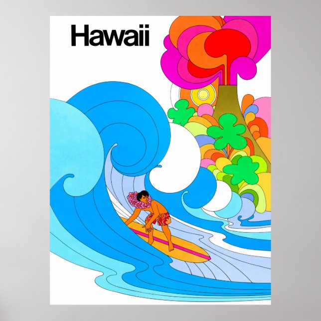 Affiche Hawaii, Surf sur une grosse vague, illustration de (Devant)