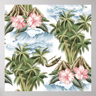 Affiche Hawaiian vintage island,  palm tree,  boat,  pink