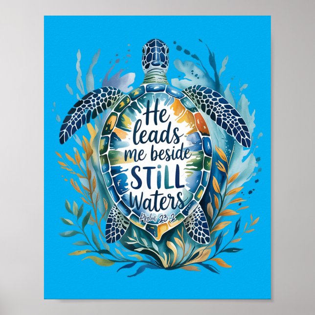 Affiche He Leads Beside Waters Sea Turtle Psalm 23_2 Art (Devant)