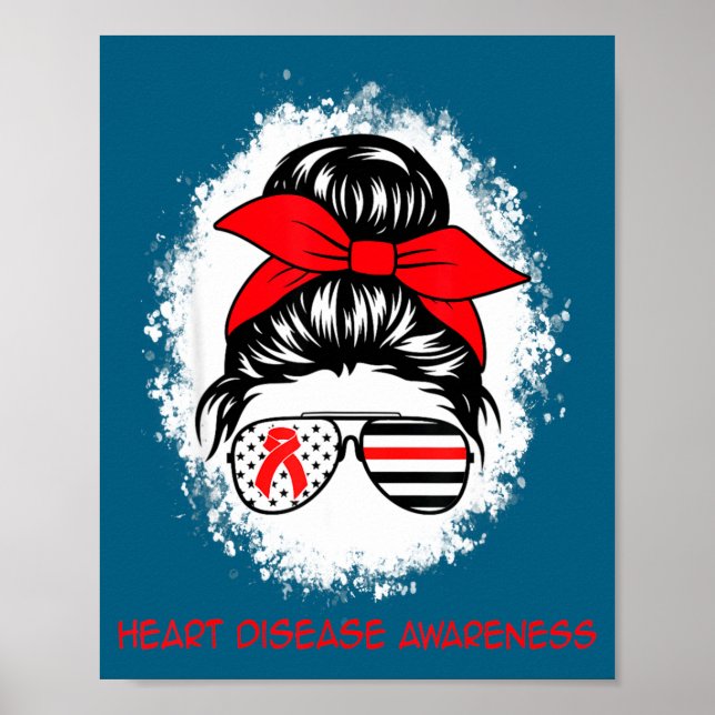 Affiche Heart Disease Awareness Red Ribbon Heart Messy Bun (Devant)