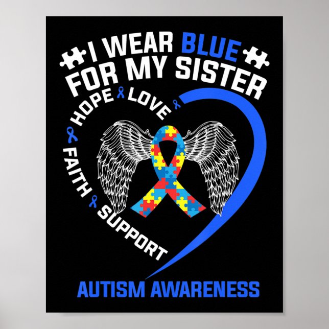 Affiche Heart Ribbon I Wear Blue For My Sister Autism Awar (Devant)