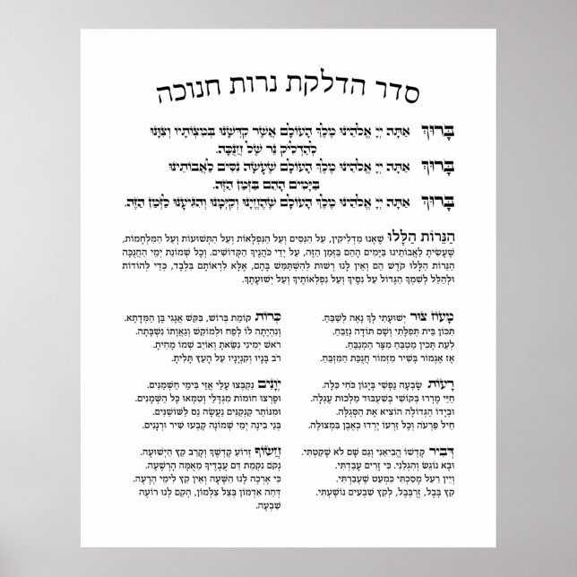 Affiche Hébreu Hadlakat Nerot Chanukah - Bénédiction Menor (Devant)