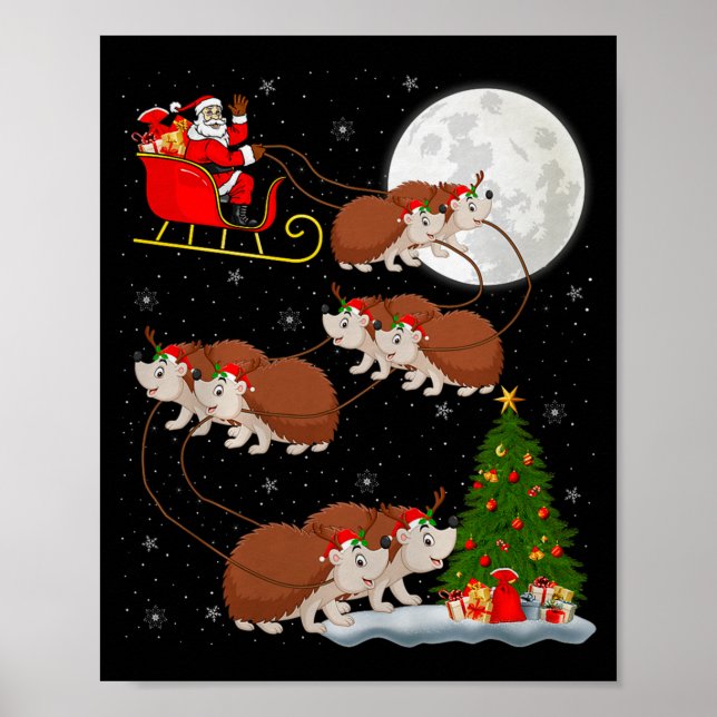 Affiche Hedgehog Santa Sleigh Flying Funny Magical Christm (Devant)