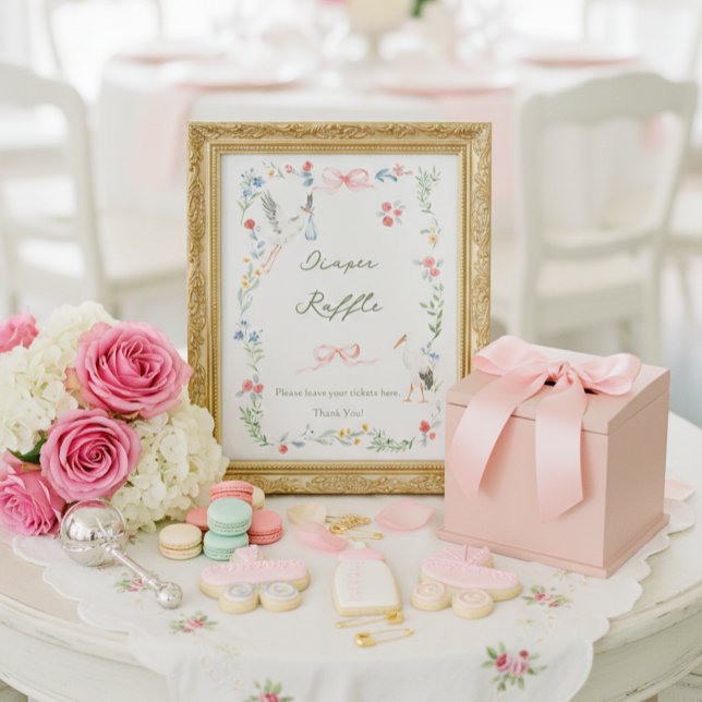 Affiche Heirloom Rose & Ribbon Stork Diaper Raffle (Créateur téléchargé)