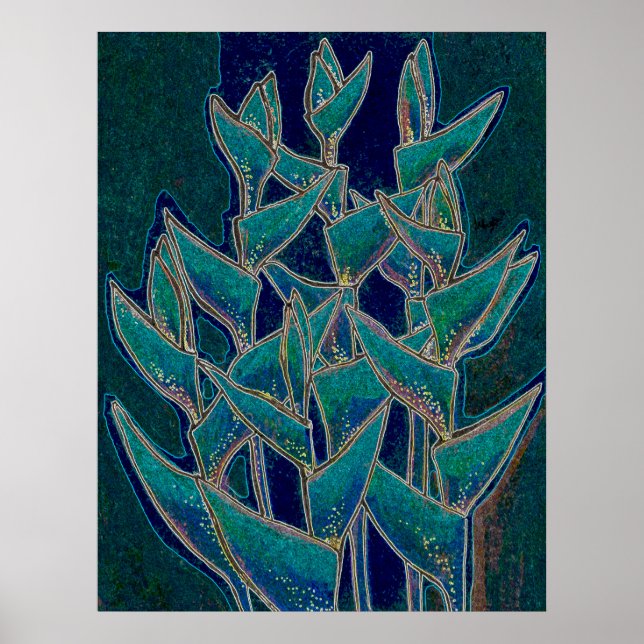 Affiche Heliconia Rostrata Flore tropicale Art Turquoise (Devant)