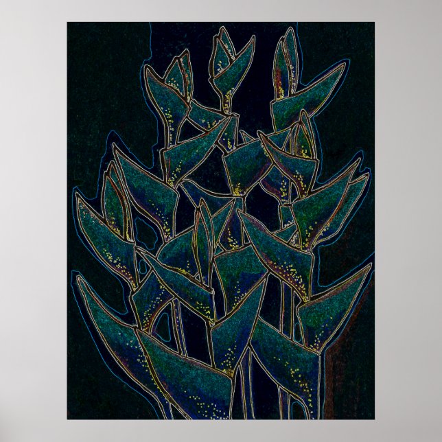 Affiche Heliconia Rostrata Plante tropical Floral Art Noir (Devant)