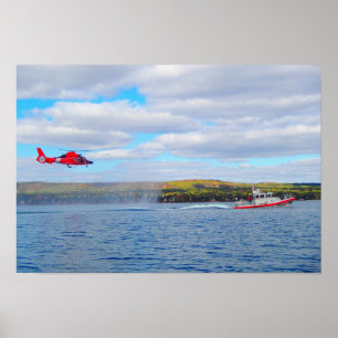 Affiche Hélicoptère de la Garde côtière MH-65C et bateau d