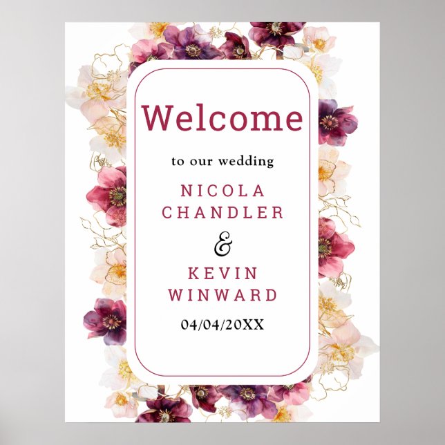 Affiche Hellebore Floral Burgundy Wedding Welcome Sign (Devant)