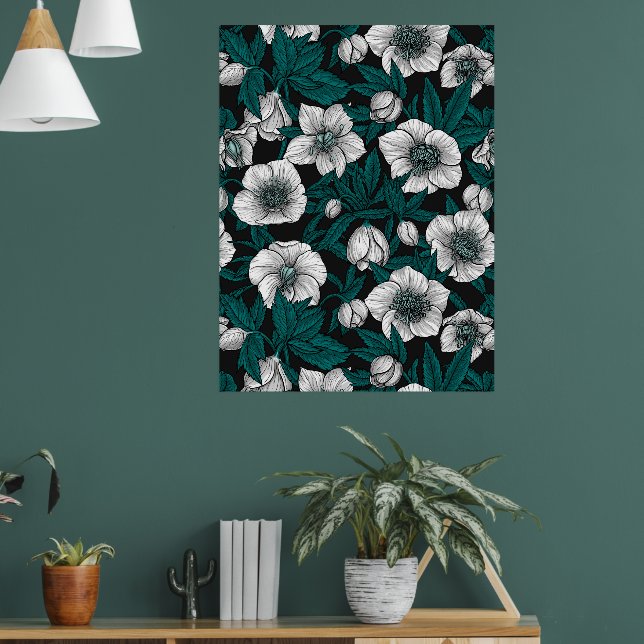 Affiche Hellebores blancs avec feuilles bleus (Salon 1)