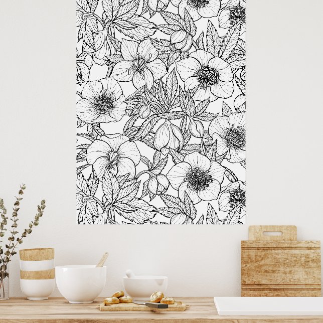 Affiche Hellebores en noir et blanc (Cuisine)