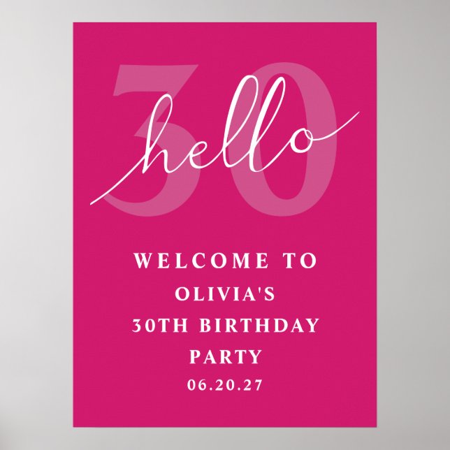 Affiche Hello 30 Bold Typographie Hot rose Anniversaire Bi (Devant)