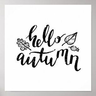 Affiche Hello Autumn Leaves Black and White Calligraphy