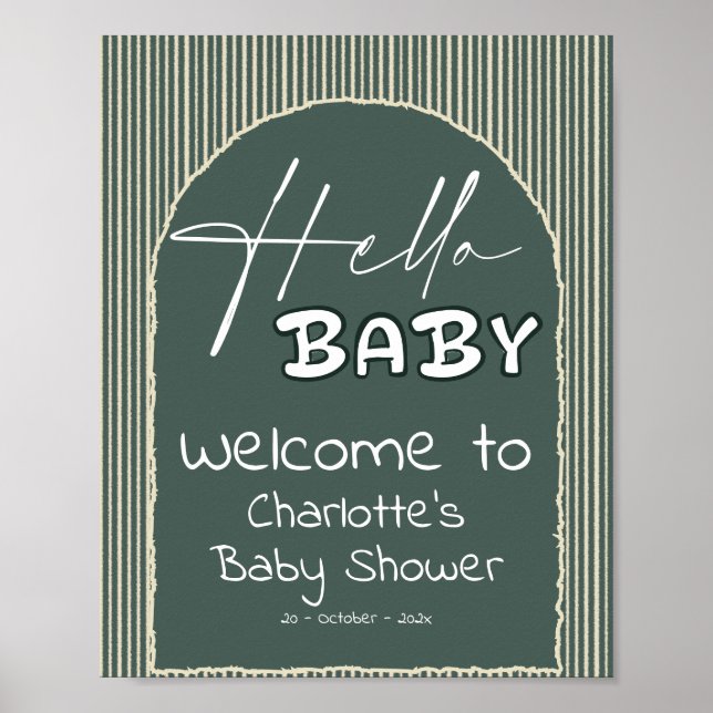 Affiche Hello Baby Dark Green Stripes Baby Shower Welcome (Devant)