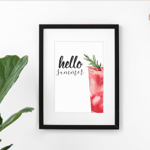 Affiche Hello Summer Watercolor Red Cherry Cocktail