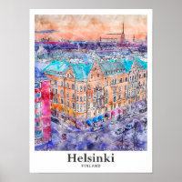 Helsinki Finlande Aquarelle Voyage Main tirée