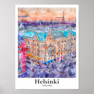 Affiche Helsinki Finlande Aquarelle Voyage Main tirée