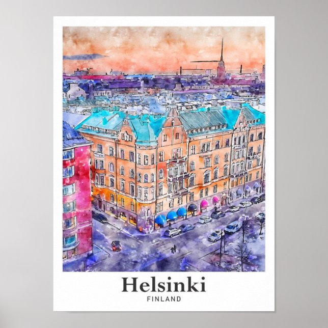 Affiche Helsinki Finlande Aquarelle Voyage Main tirée (Devant)
