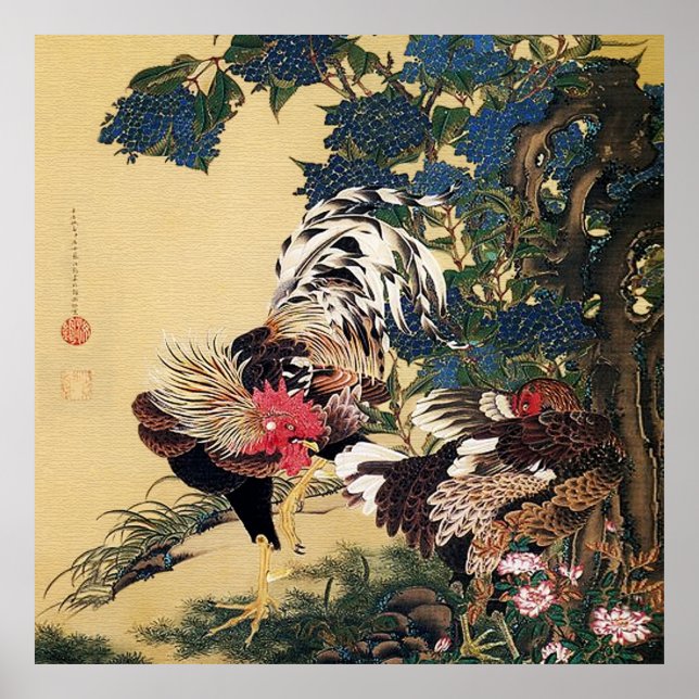 Affiche Hen au coq et Hydrangea par Ito Jakuchu (Devant)