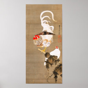 Affiche Hen et coq avec Grapevine par Ito Jakuchu