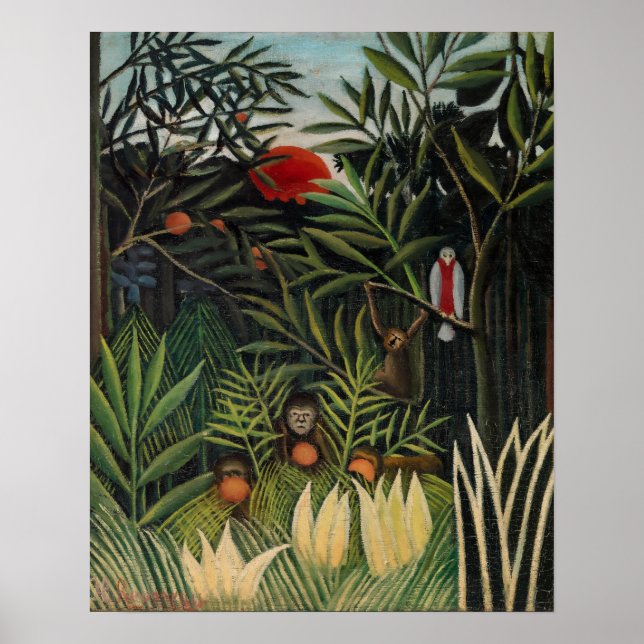 Affiche Henri Rousseau - Singes et perroquet dans la forêt (Devant)