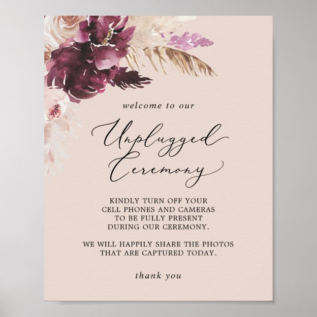 Affiche Herbe Boho Pampas | Peach Unplugged Ceremony Sign (Devant)