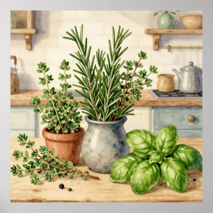 Affiche Herbes fraîches de cuisine aquarelle 