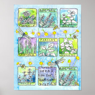 Affiche Herbes Jardin Dragonlies Miel Bees Kitchen Art