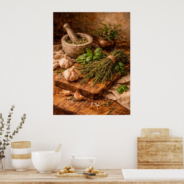 Affiche Herbs and Garlic Still Life a Rustic Culinary (Cuisine)