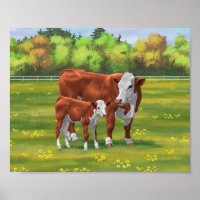 Hereford Cow & Cute Calf dans les pâturages d'été