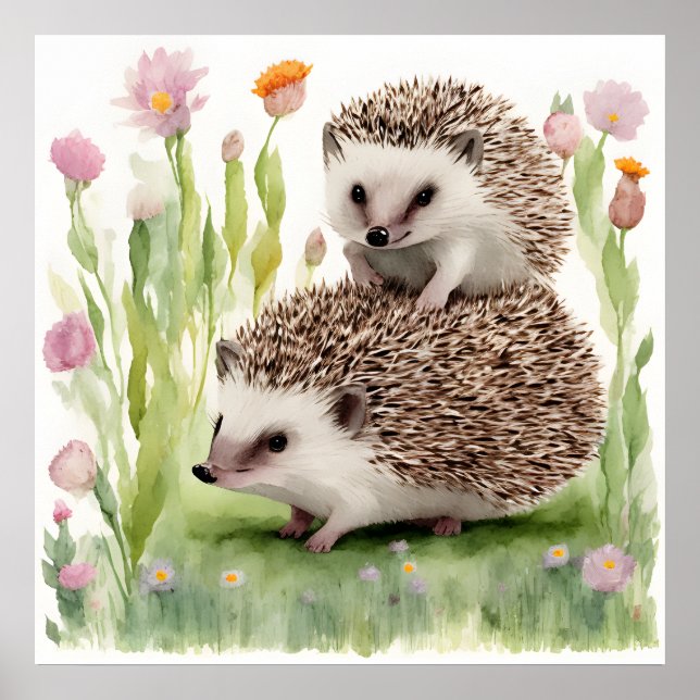 Affiche Hérisson Aquarelle Adorable Avec Fleur (Devant)