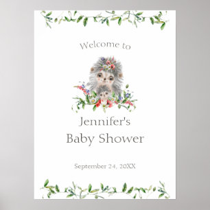 Affiche Hérisson Aquarelle Baby shower Floral Bienvenue