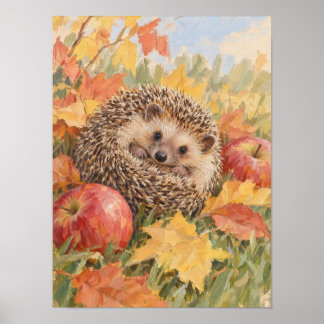 Affiche Hérisson avec feuilles d'automne et pommes Forêt A