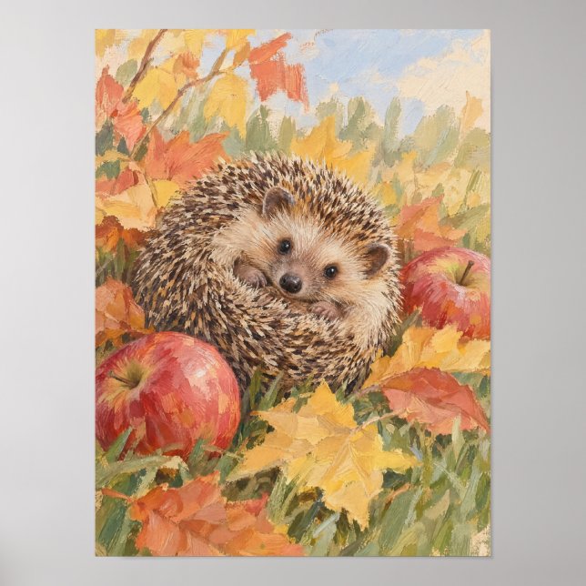 Affiche Hérisson avec feuilles d'automne et pommes Forêt A (Devant)