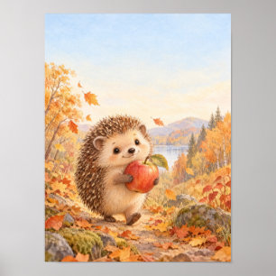 Affiche Hérisson avec une pomme rouge sur le chemin de la