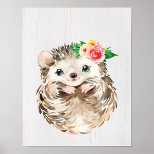 Affiche Hérisson Bébé Floral Aquarelle, Animaux de la Forê
