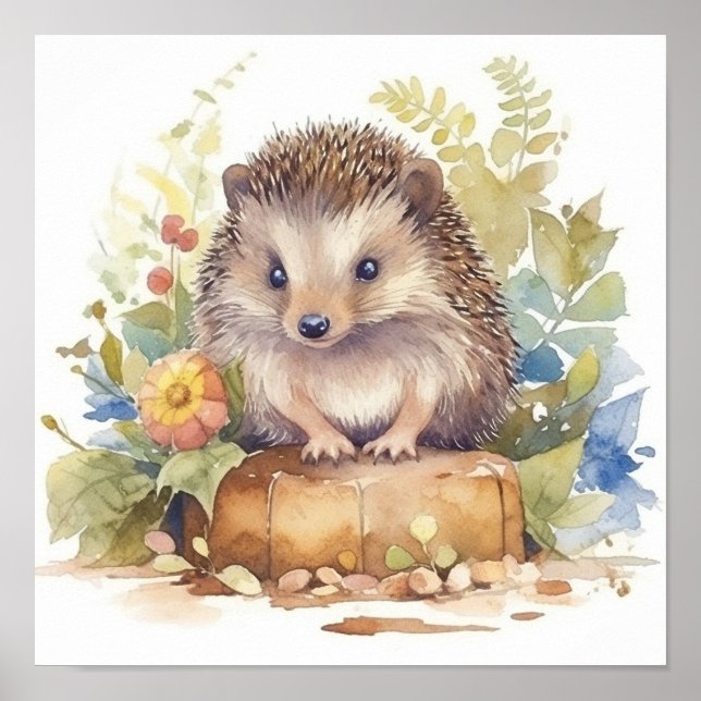 Affiche Hérisson bébé mignon dans un jardin fleuri aquarel (Devant)