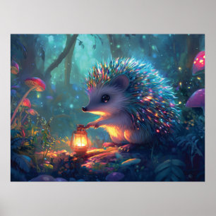 Affiche Hérisson et lanterne géants dans la forêt enchanté