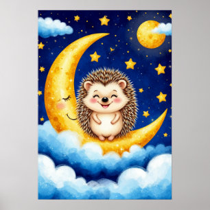 Affiche Hérisson Mignon Croissant de Lune Doré