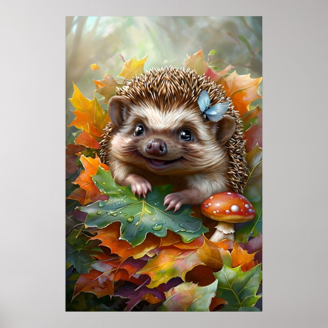 Affiche Hérisson Mignon dans les Feuilles d'Automne – Art  (Devant)