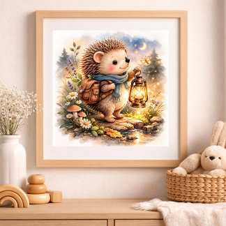 Affiche Hérisson Mignon Et Enfants Lanterne