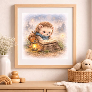 Affiche Hérisson Mignon Lisant Un Livre Pour La Nurserie D
