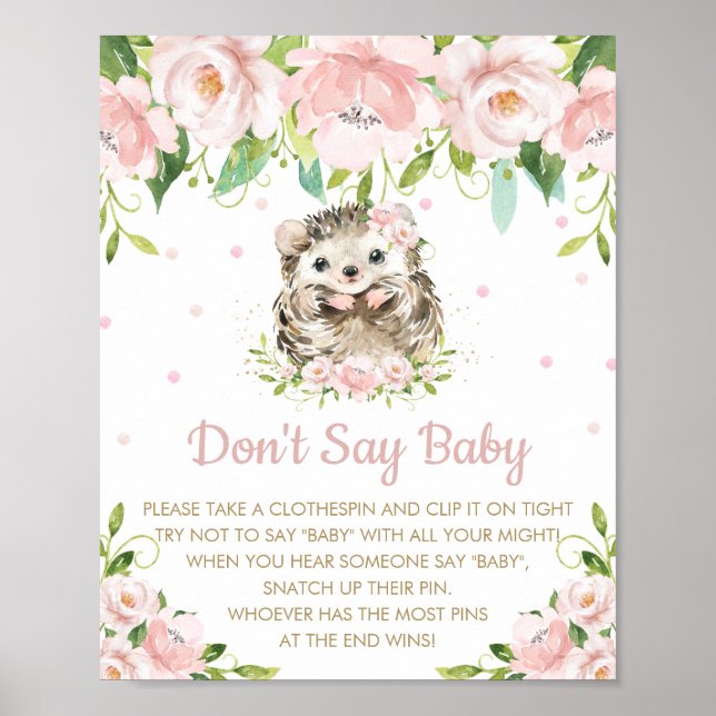 Affiche Hérisson rose floral ne pas dire Baby shower jeu (Devant)
