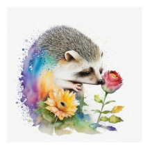 Hérisson sentant une rose rouge