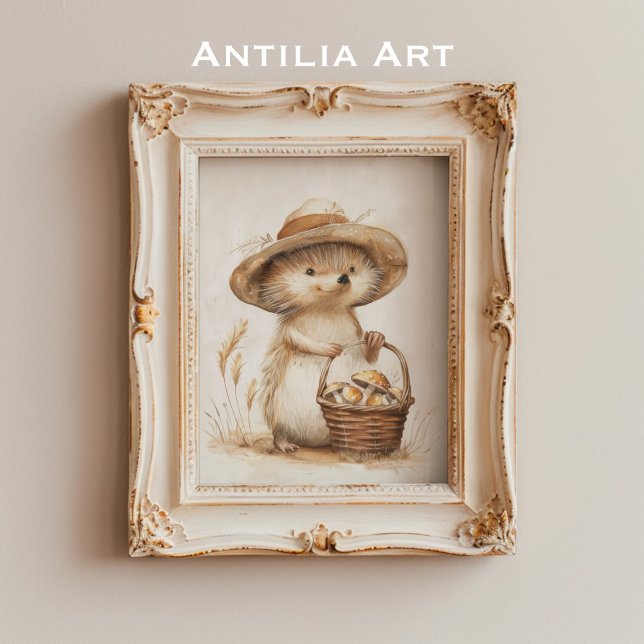 Affiche Hérisson Whimsical Panier de champignons Bois Anim (Créateur téléchargé)