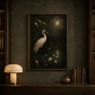 Affiche Héron Blanc au Clair de Lune Art Vintage