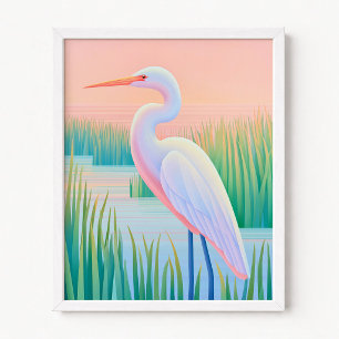 Affiche Héron Blanc Pastel Ombre Coucher de Soleil